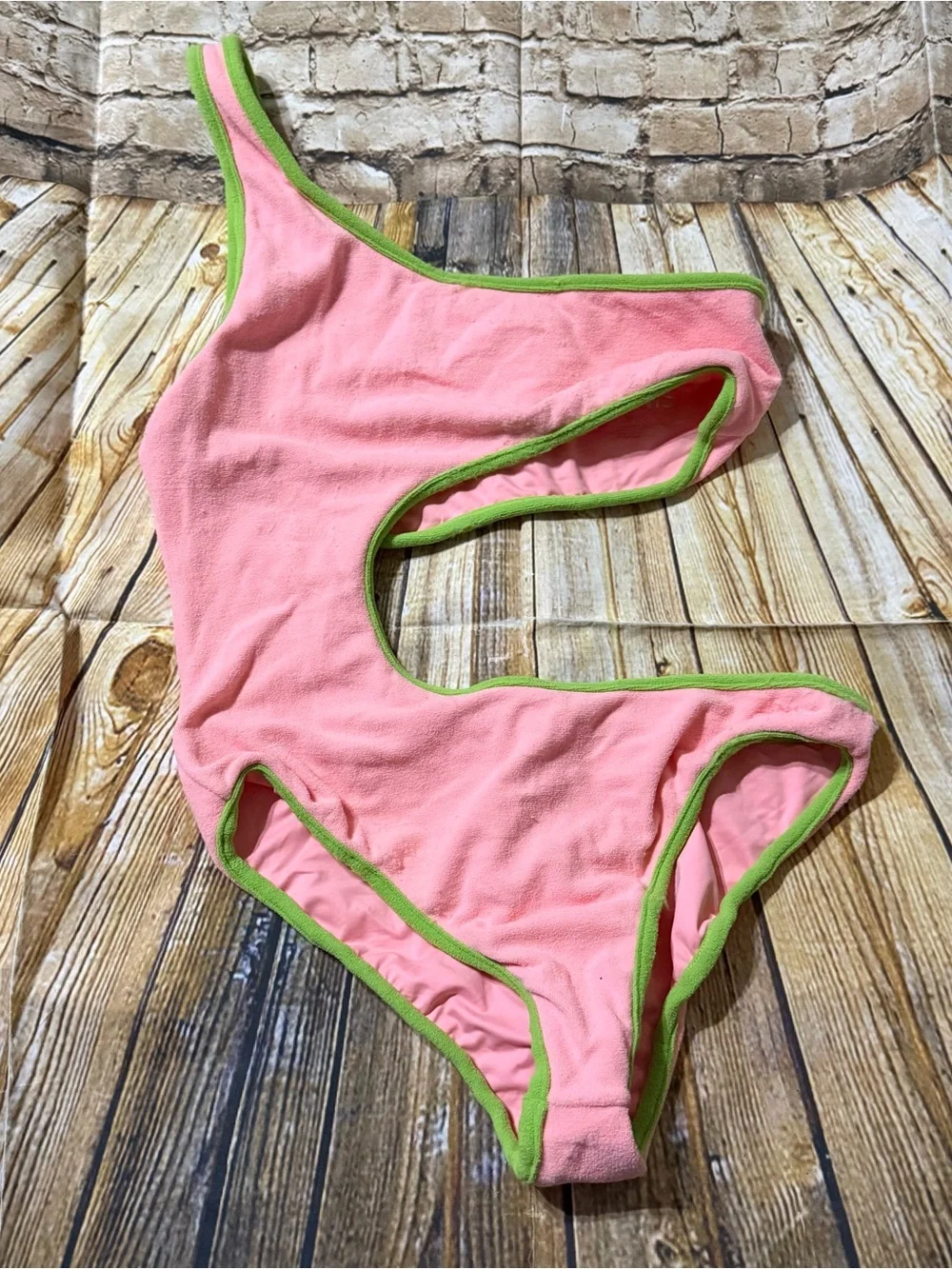 NEW Frankies Bikinis Cutout Pink Green Cash Terry One Piece Swimsuit
